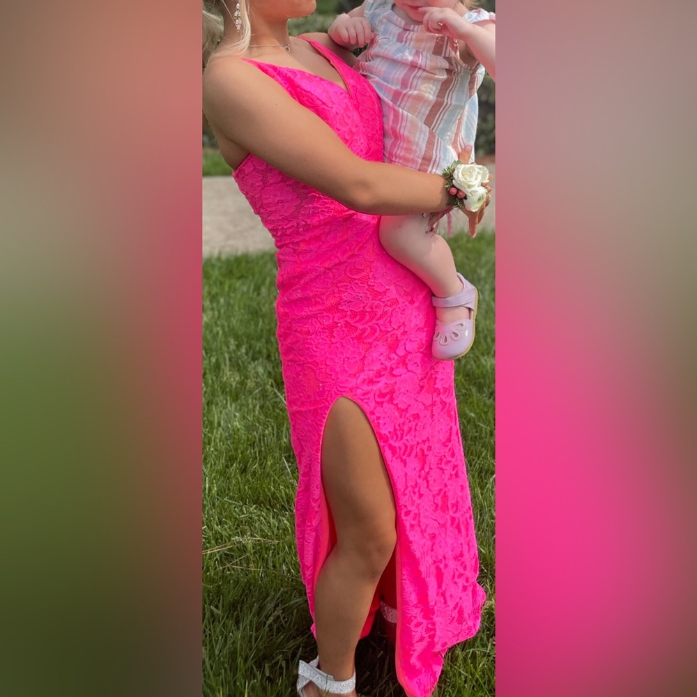 La Femme Prom Dress -size 00 (hot pink with coral lining) - Picture 2 of 7